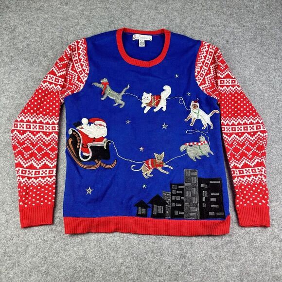 Jolly Sweaters Ugly Christmas Fair Isle Cats Adult XL Blue Red Stars Lights Up* - Picture 1 of 12